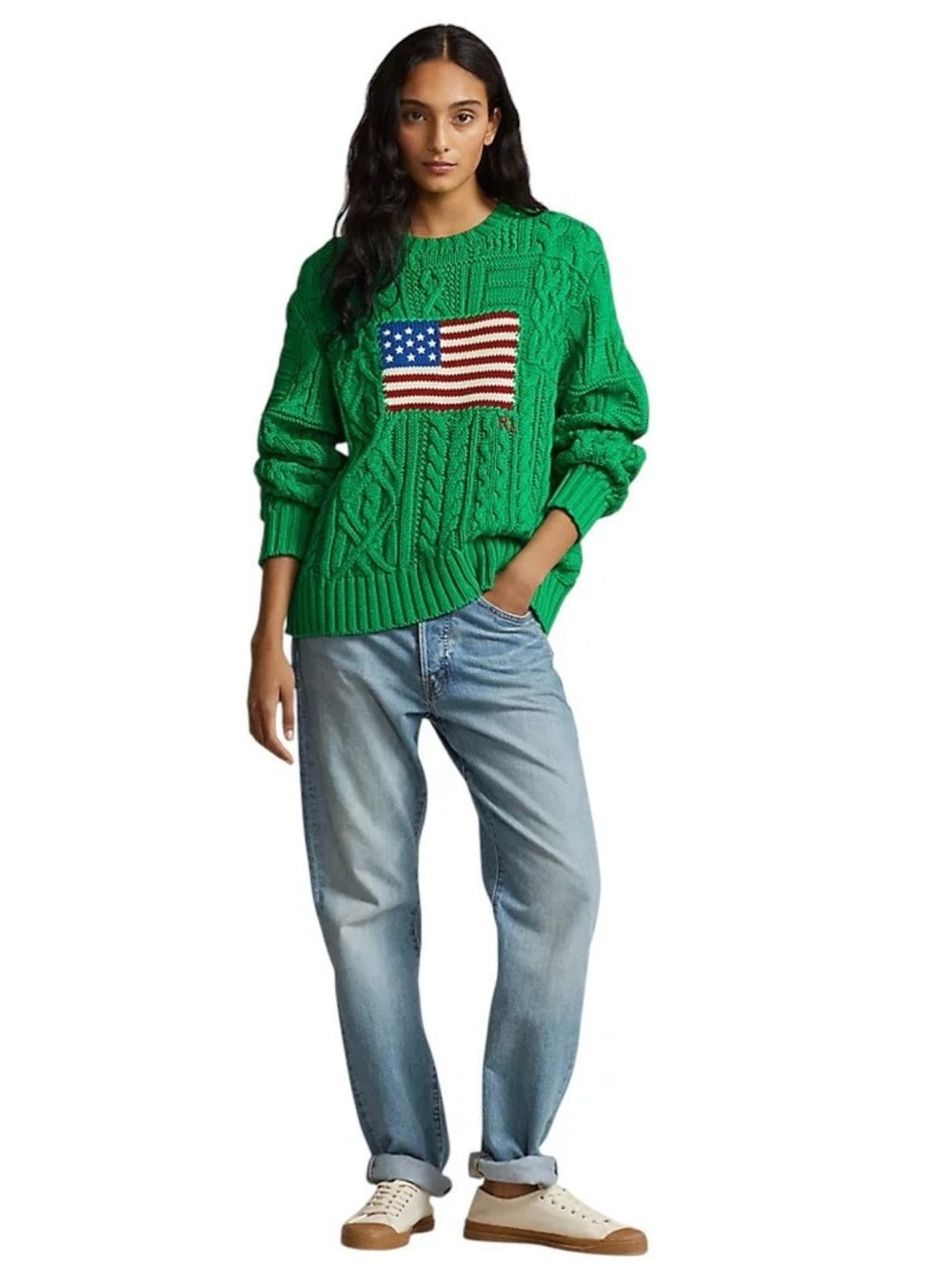 Polo Ralph Lauren Aran Cable Knit Flag Sweater Green American Flag NWT Medium